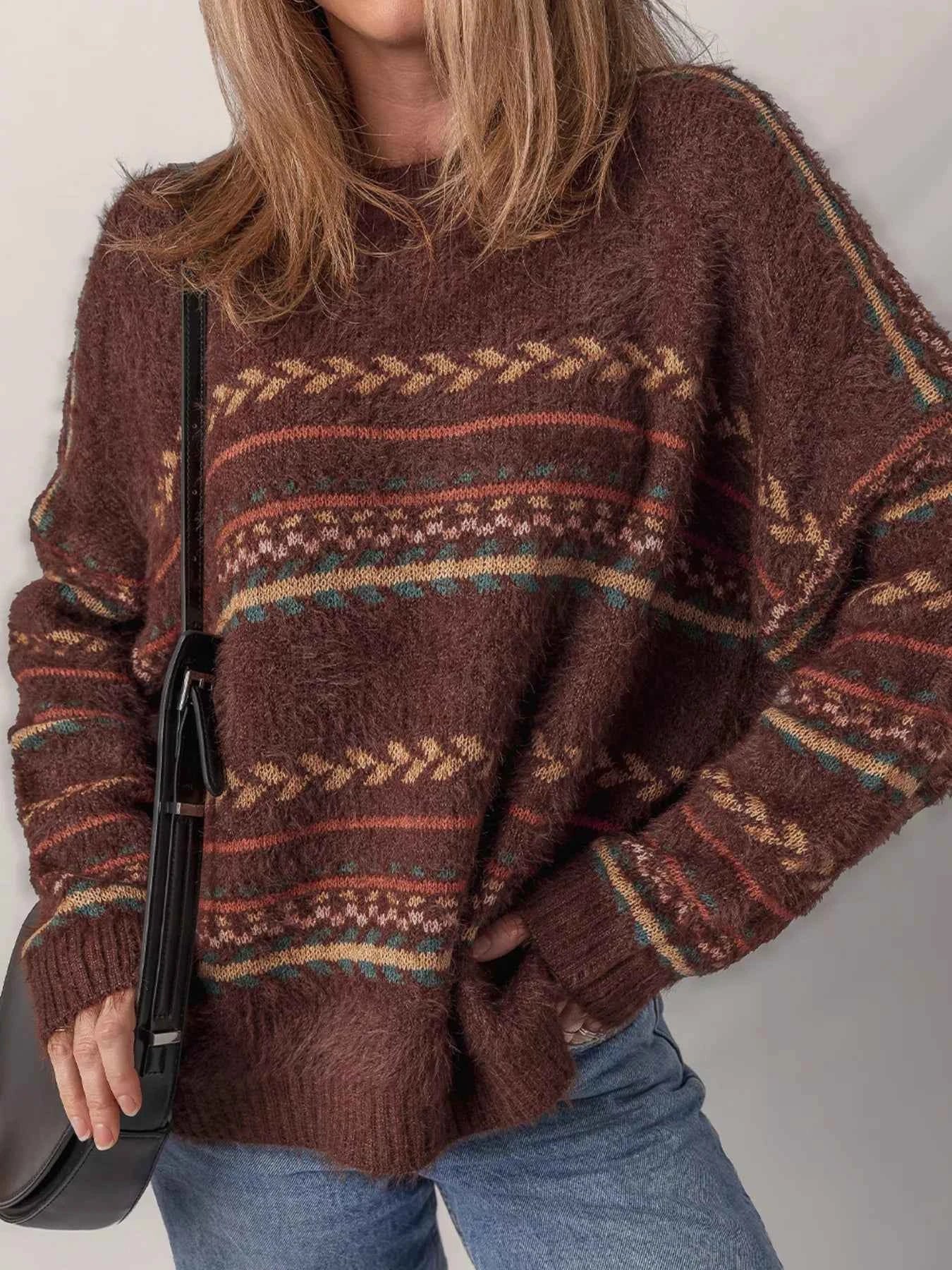 Ethnic Pattern Mohair Knitted Drop Shoulder Sweater