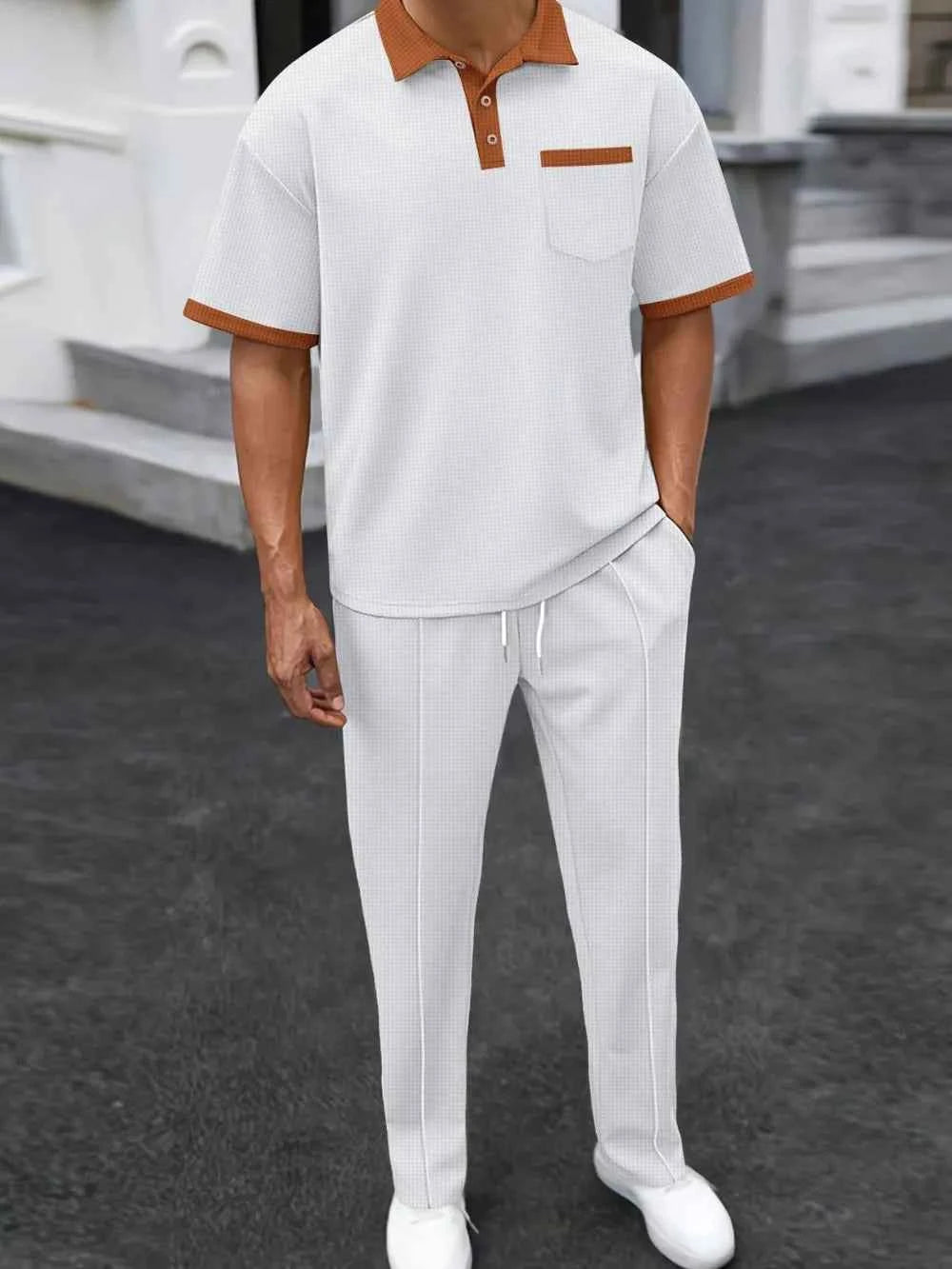 Men's Full Size Waffle-Knit Contrast Polo and Pants Set Plus Size