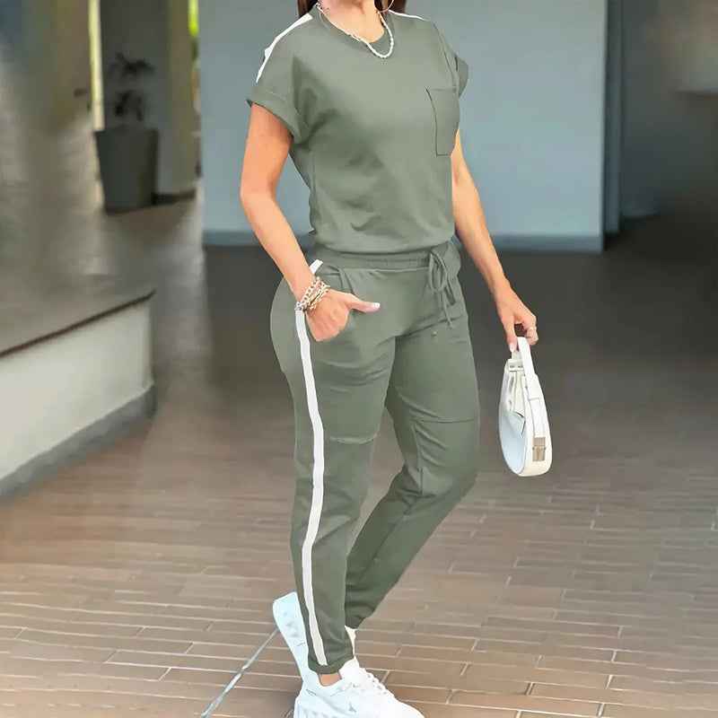 Women's Solid Color Short Sleeve Two-Piece Set - Round Neck, Stripe Trim, Tie Waist Belt, Pockets, Spring & Summer Casual Outfit