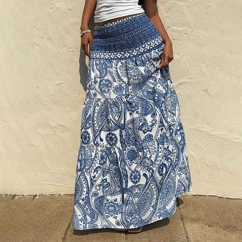 Women's Boho Floral Print Maxi Skirt - Elastic Waist A-Line Long Skirt For Spring & Summer Casual Beach Skirt