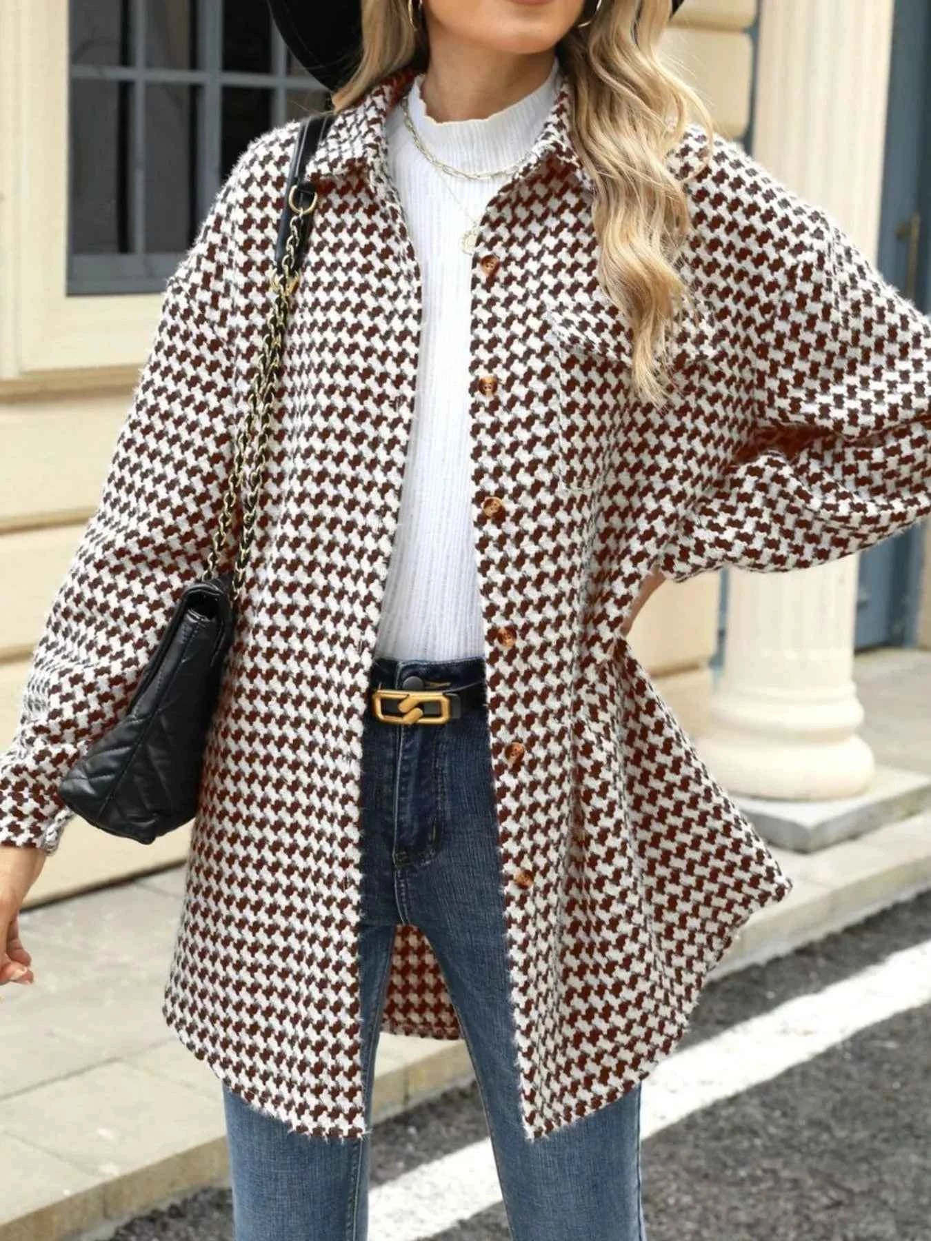 Houndstooth Button Up Long Sleeve Coat