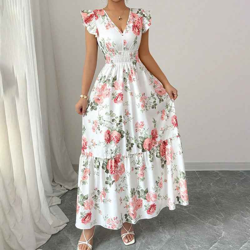 Women’s Summer Maxi Dress – V-Neck, Flutter Sleeve, Smocked Waist, Flowy A-Line Beach Dress