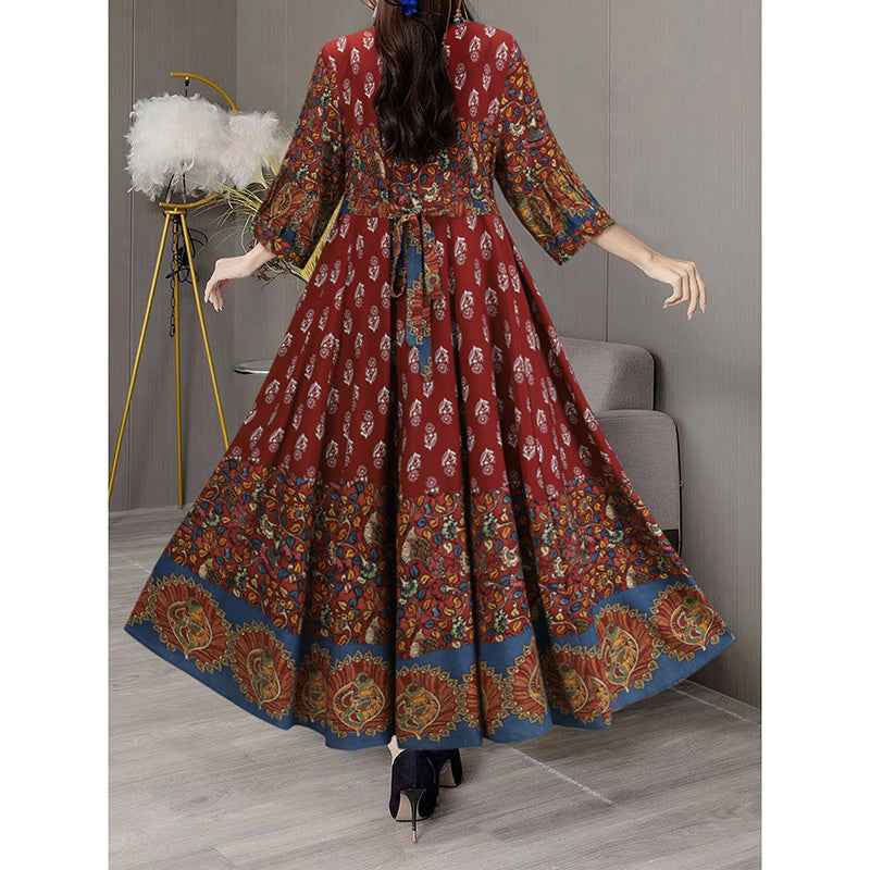Women's Bohemian Floral Swing Dress Ethnic Embroidery Notched Neck Big Swing Dress