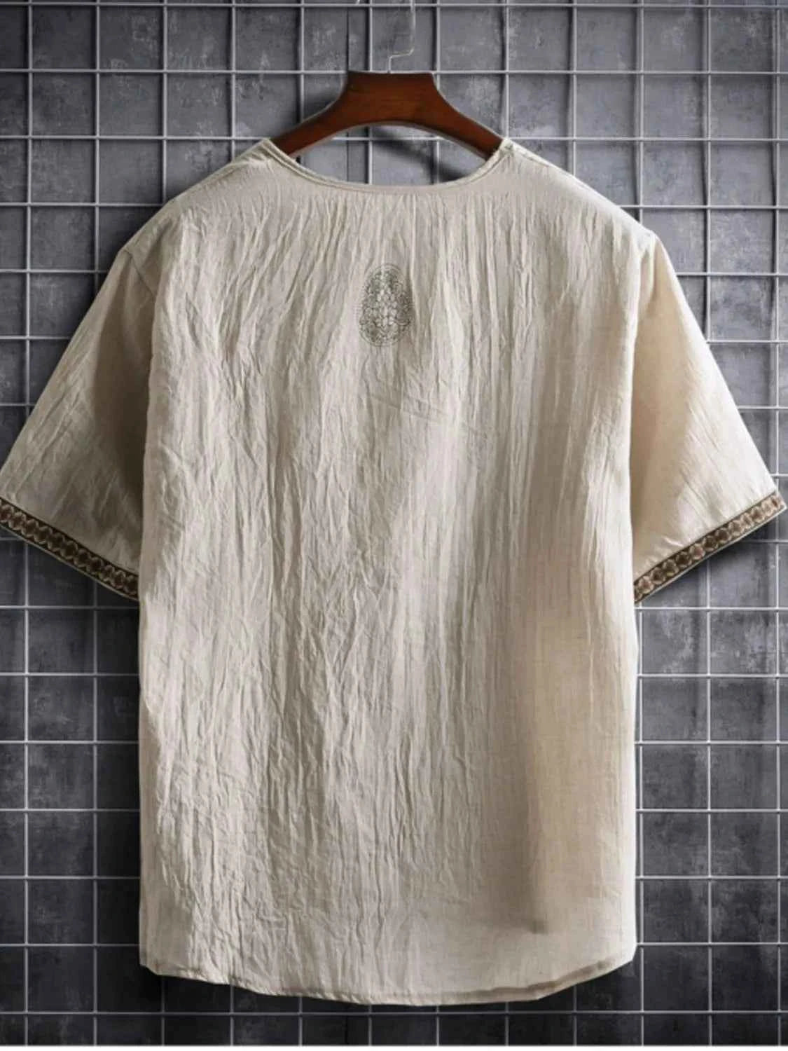 Men's Plus Size Texture Short Sleeve Top with Ethnic Trim