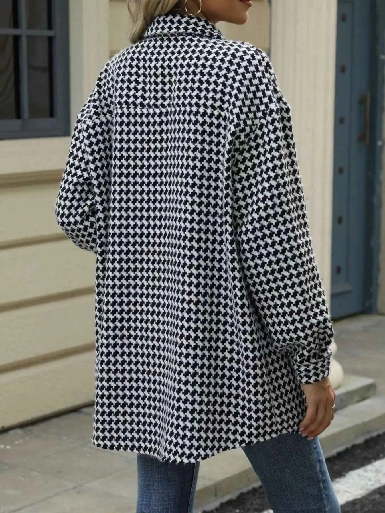 Houndstooth Button Up Long Sleeve Coat