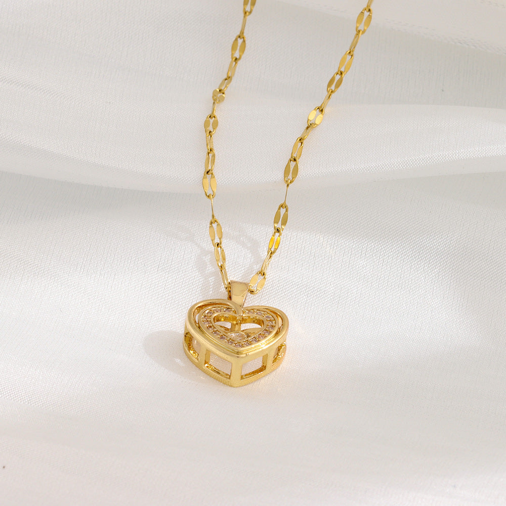 Double-layer Love Necklace With Rhinestones Titanium Steel Pendant - OnlyAttire
