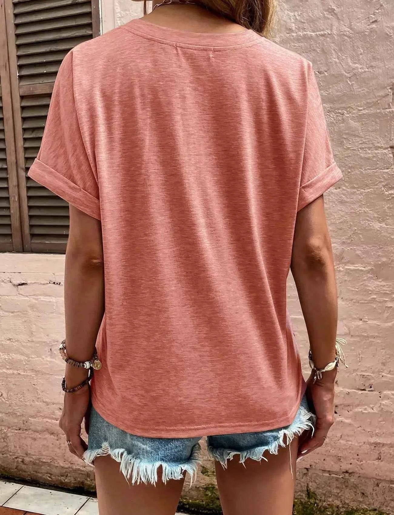 Full Size Notched Short Rolled Sleeve Top Plus Size
