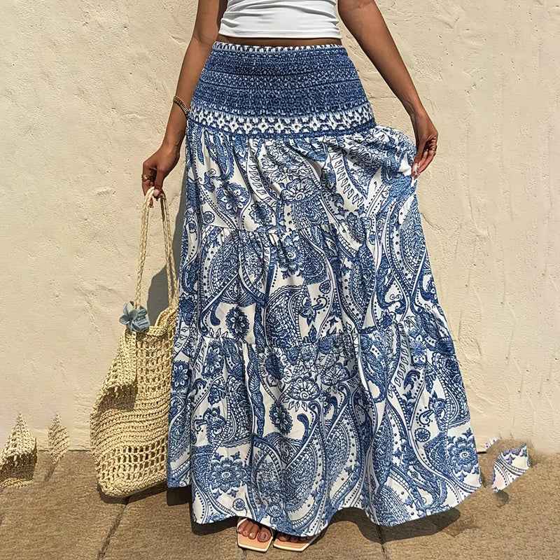 Women's Boho Floral Print Maxi Skirt - Elastic Waist A-Line Long Skirt For Spring & Summer Casual Beach Skirt