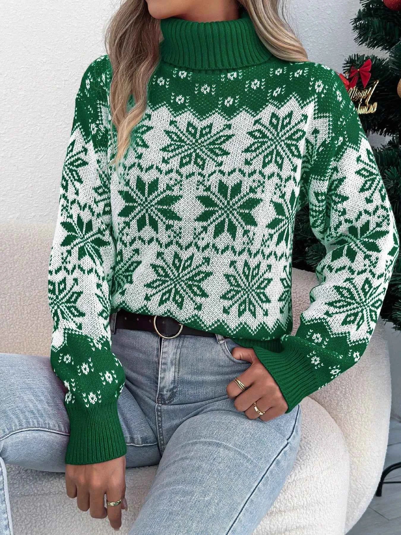 Christmas Snowflake Turtleneck Long Sleeve Sweater