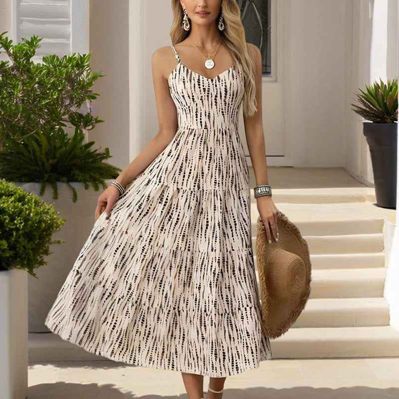 Women’s Striped V-Neck Backless Tie-Strap Maxi Dress – Sexy Elegant Summer Beach Dress
