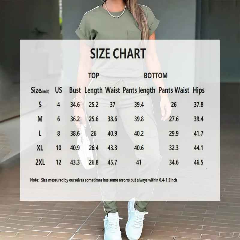 Women's Solid Color Short Sleeve Two-Piece Set - Round Neck, Stripe Trim, Tie Waist Belt, Pockets, Spring & Summer Casual Outfit