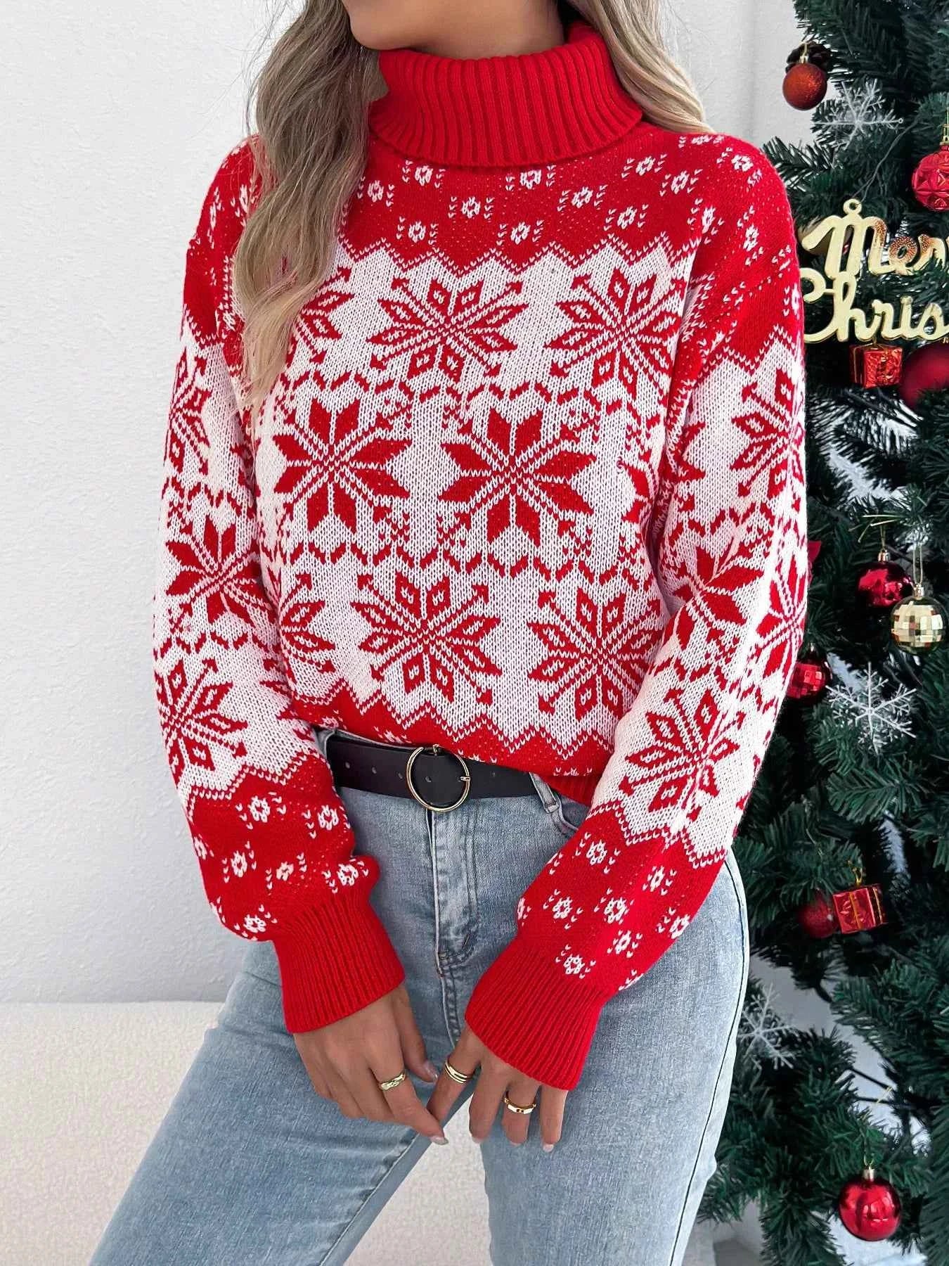 Christmas Snowflake Turtleneck Long Sleeve Sweater