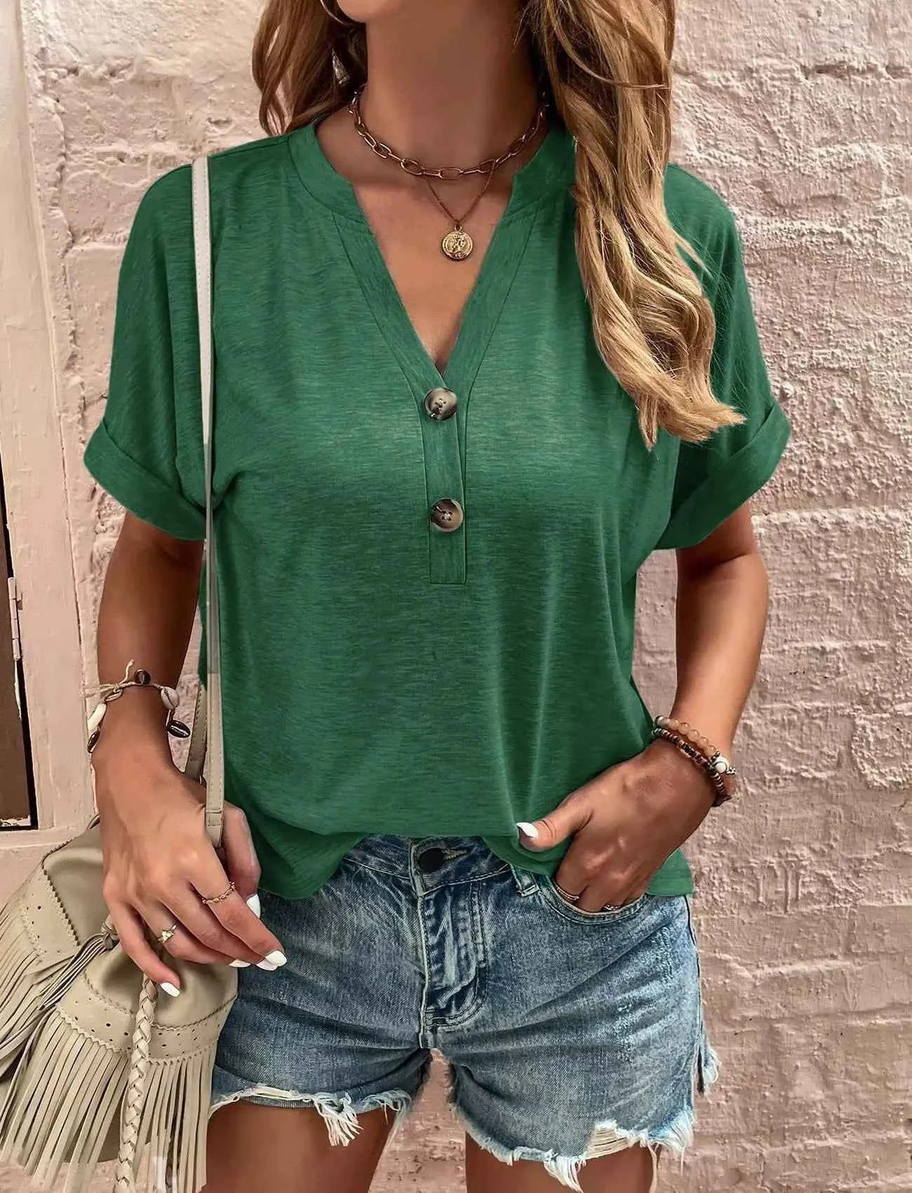 Full Size Notched Short Rolled Sleeve Top Plus Size