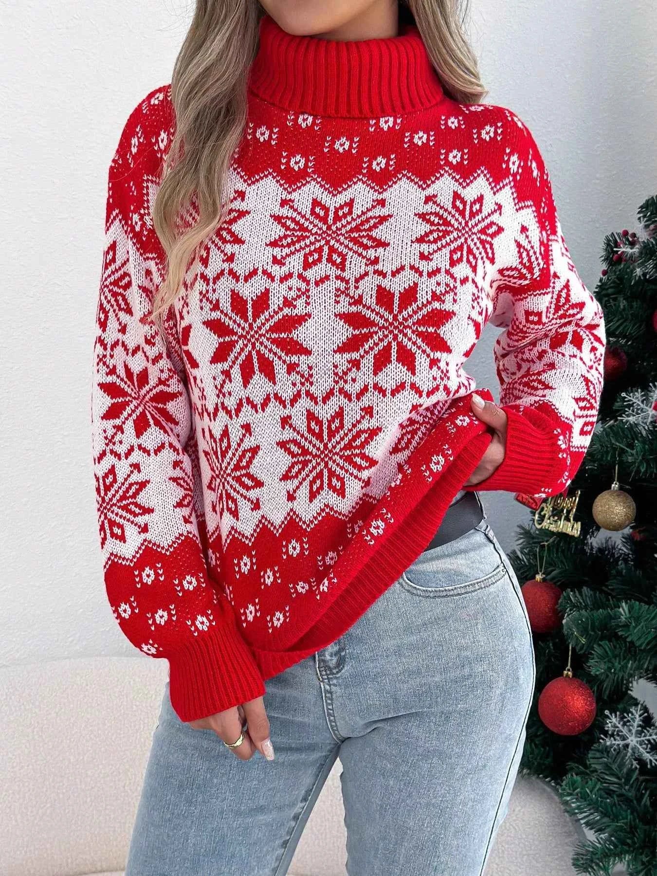 Christmas Snowflake Turtleneck Long Sleeve Sweater
