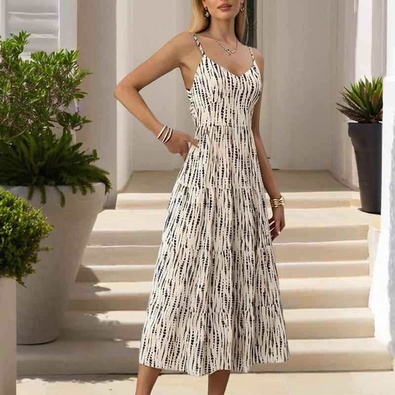 Women’s Striped V-Neck Backless Tie-Strap Maxi Dress – Sexy Elegant Summer Beach Dress