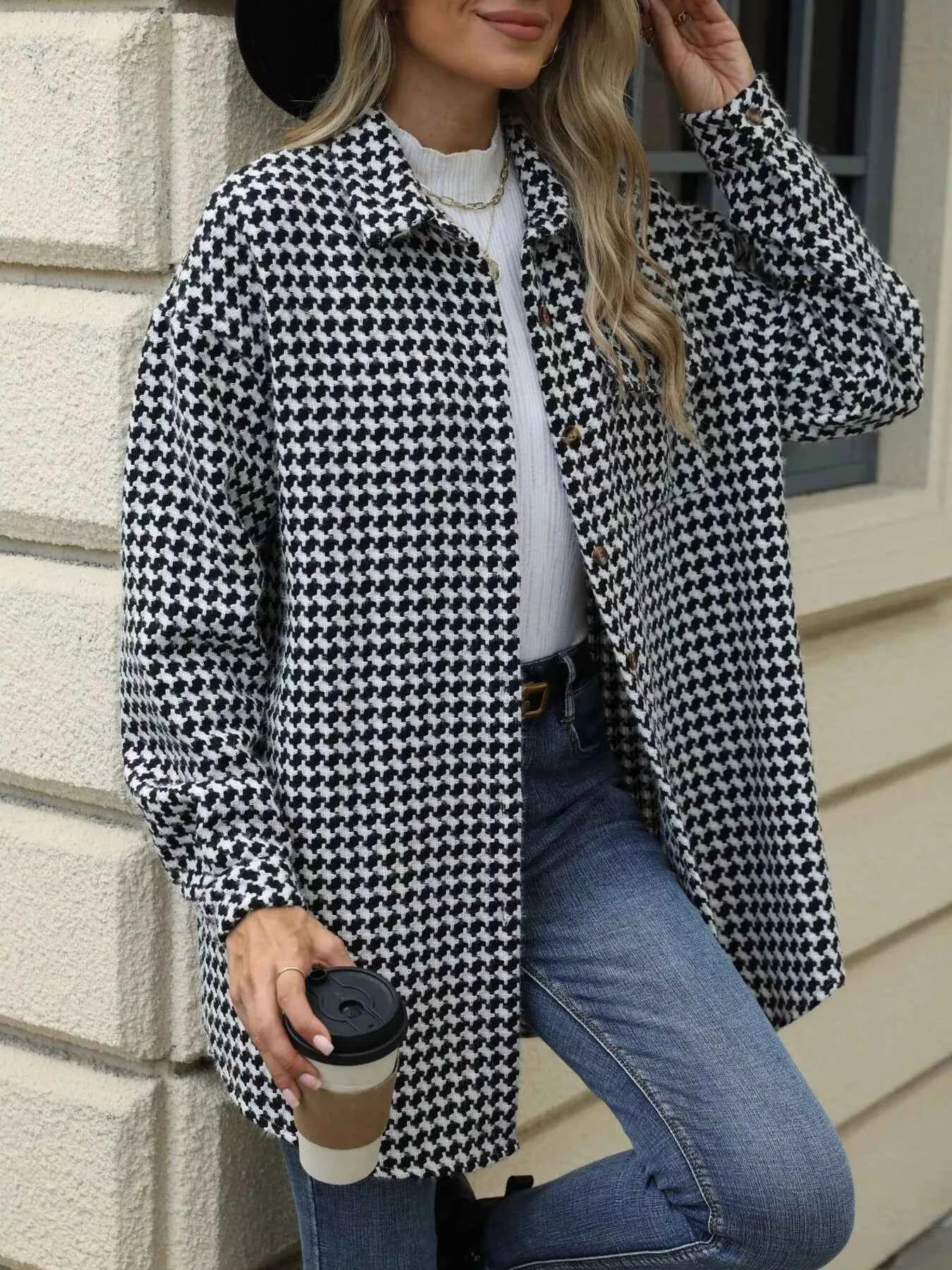 Houndstooth Button Up Long Sleeve Coat