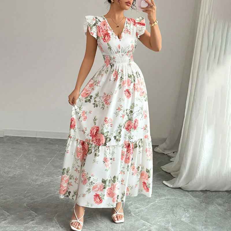 Women’s Summer Maxi Dress – V-Neck, Flutter Sleeve, Smocked Waist, Flowy A-Line Beach Dress