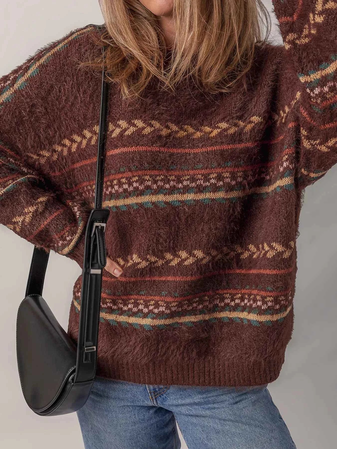 Ethnic Pattern Mohair Knitted Drop Shoulder Sweater