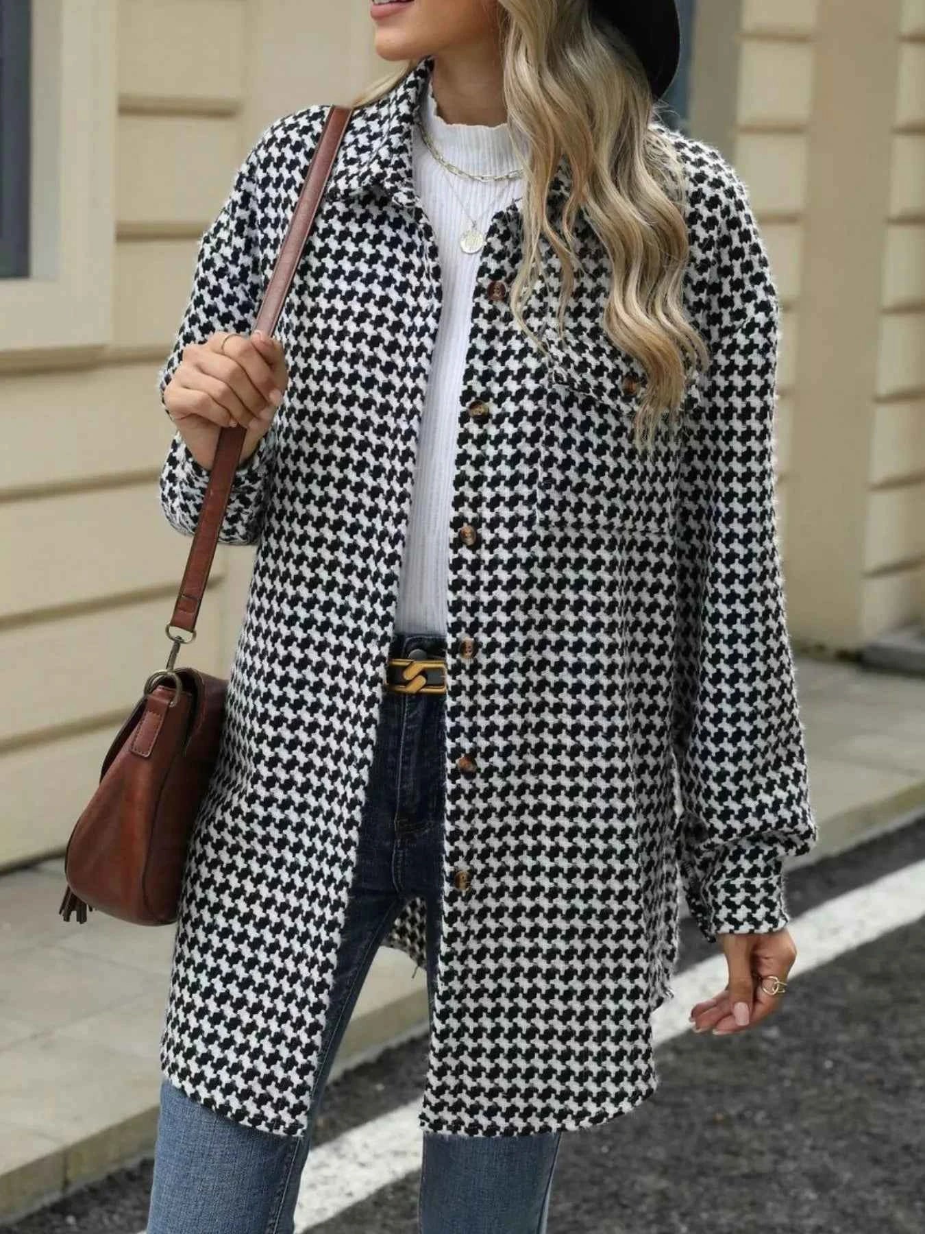 Houndstooth Button Up Long Sleeve Coat