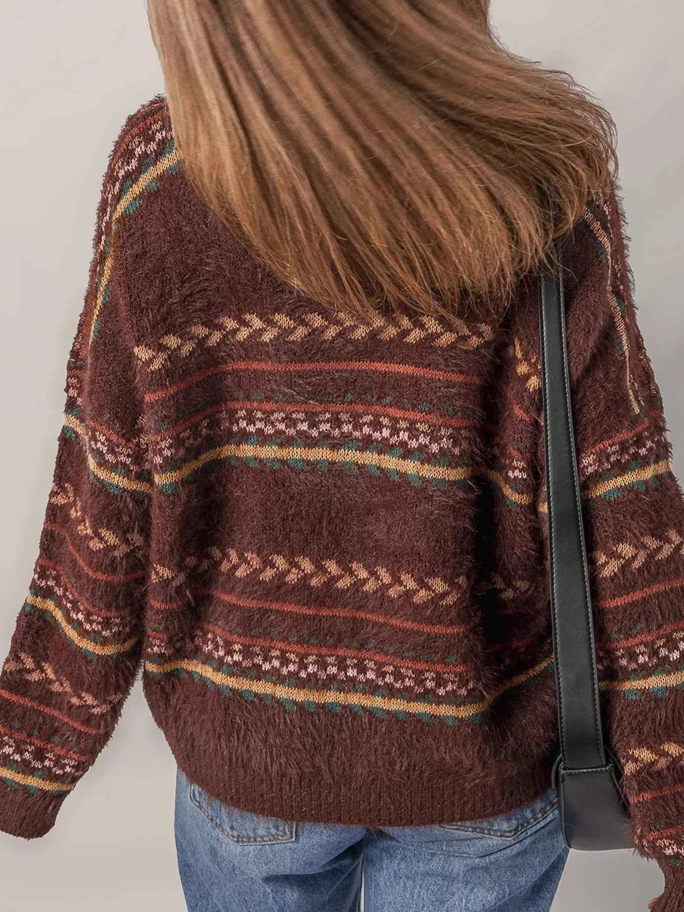Ethnic Pattern Mohair Knitted Drop Shoulder Sweater