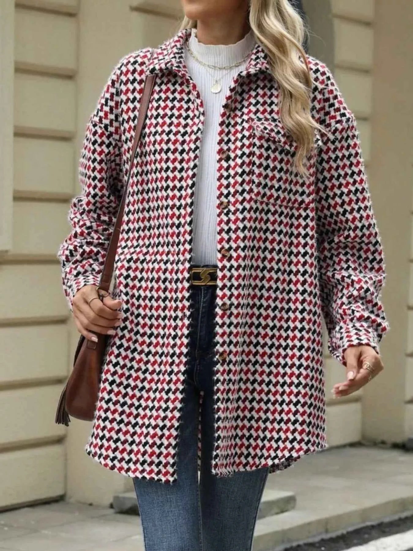 Houndstooth Button Up Long Sleeve Coat