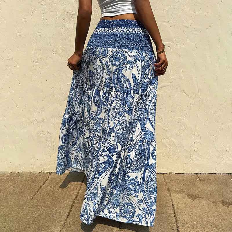Women's Boho Floral Print Maxi Skirt - Elastic Waist A-Line Long Skirt For Spring & Summer Casual Beach Skirt