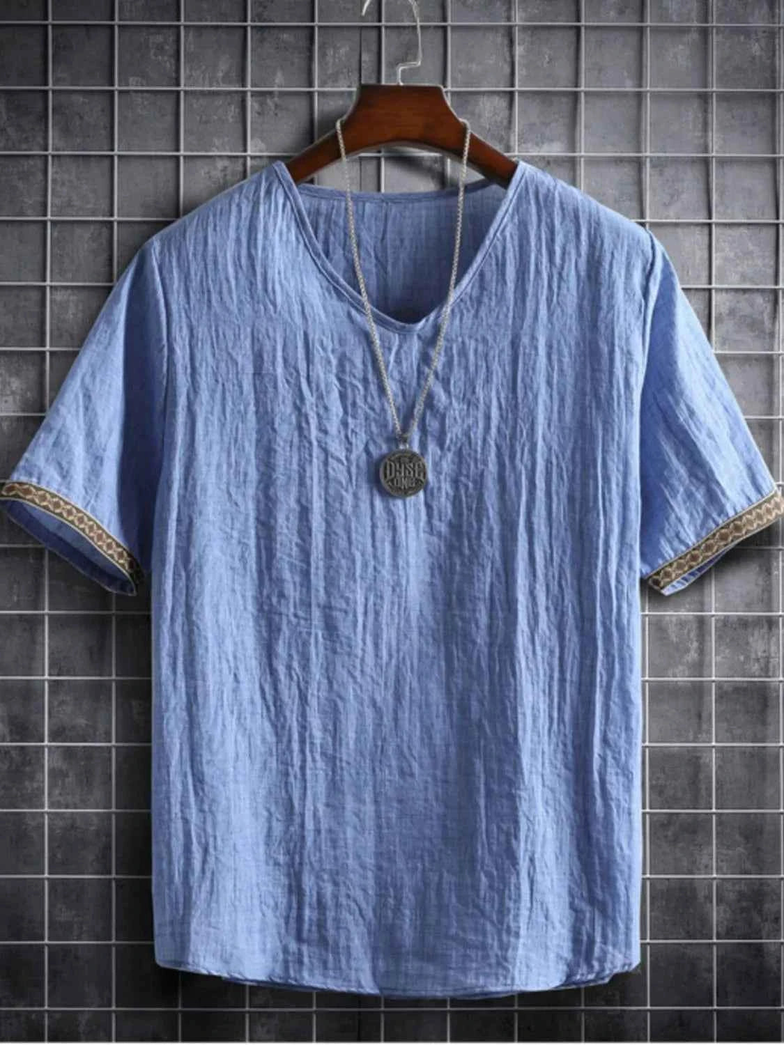 Men's Plus Size Texture Short Sleeve Top with Ethnic Trim