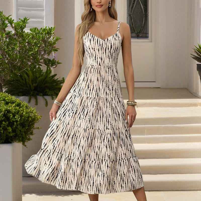 Women’s Striped V-Neck Backless Tie-Strap Maxi Dress – Sexy Elegant Summer Beach Dress