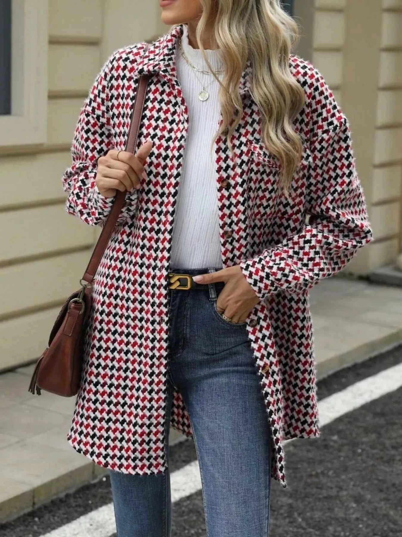 Houndstooth Button Up Long Sleeve Coat
