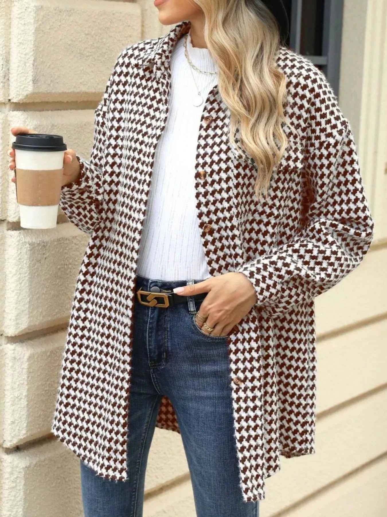 Houndstooth Button Up Long Sleeve Coat