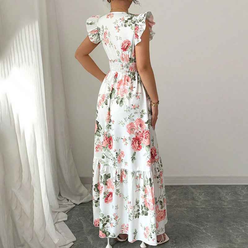 Women’s Summer Maxi Dress – V-Neck, Flutter Sleeve, Smocked Waist, Flowy A-Line Beach Dress