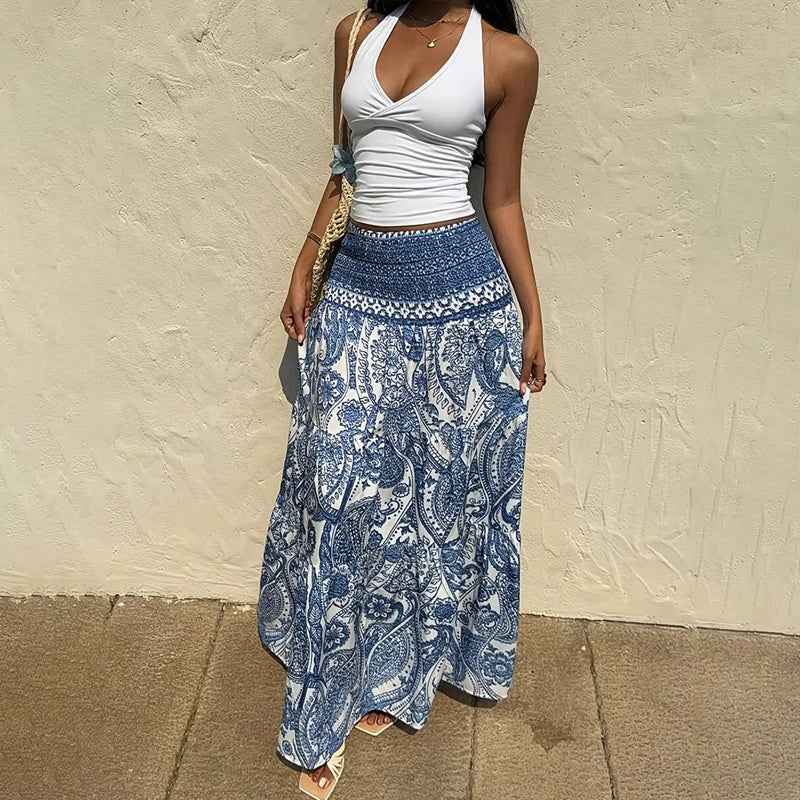 Women's Boho Floral Print Maxi Skirt - Elastic Waist A-Line Long Skirt For Spring & Summer Casual Beach Skirt