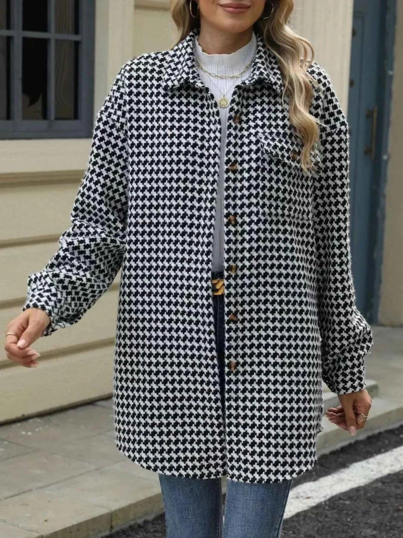 Houndstooth Button Up Long Sleeve Coat
