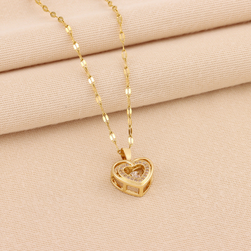 Double-layer Love Necklace With Rhinestones Titanium Steel Pendant - OnlyAttire