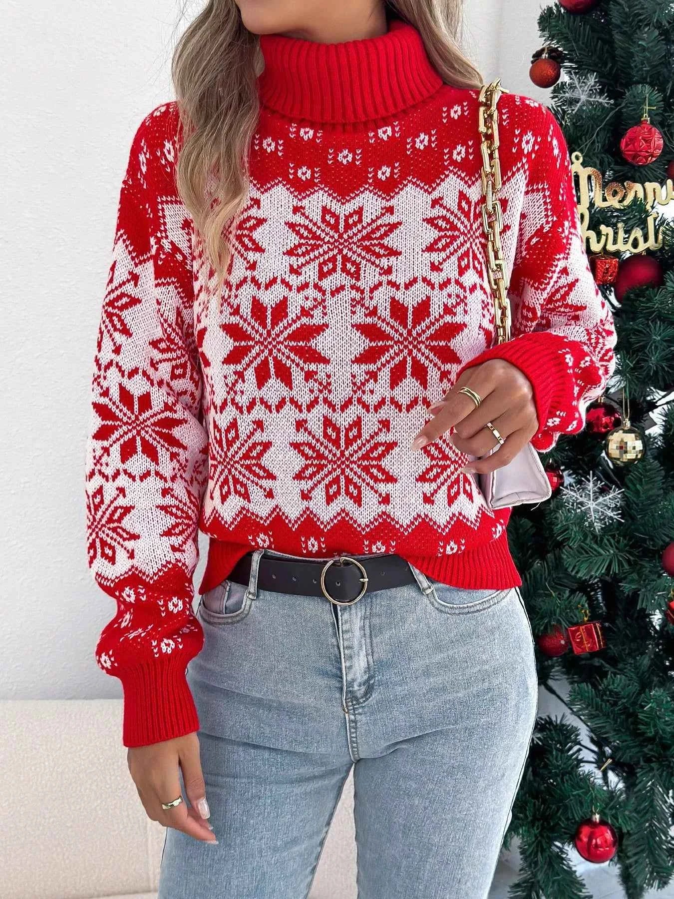 Christmas Snowflake Turtleneck Long Sleeve Sweater