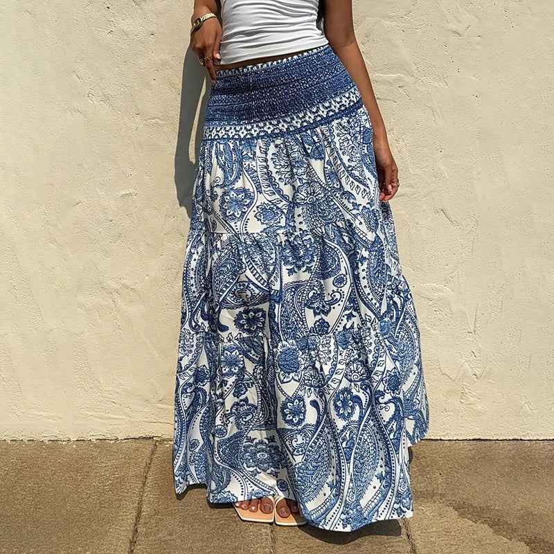 Women's Boho Floral Print Maxi Skirt - Elastic Waist A-Line Long Skirt For Spring & Summer Casual Beach Skirt