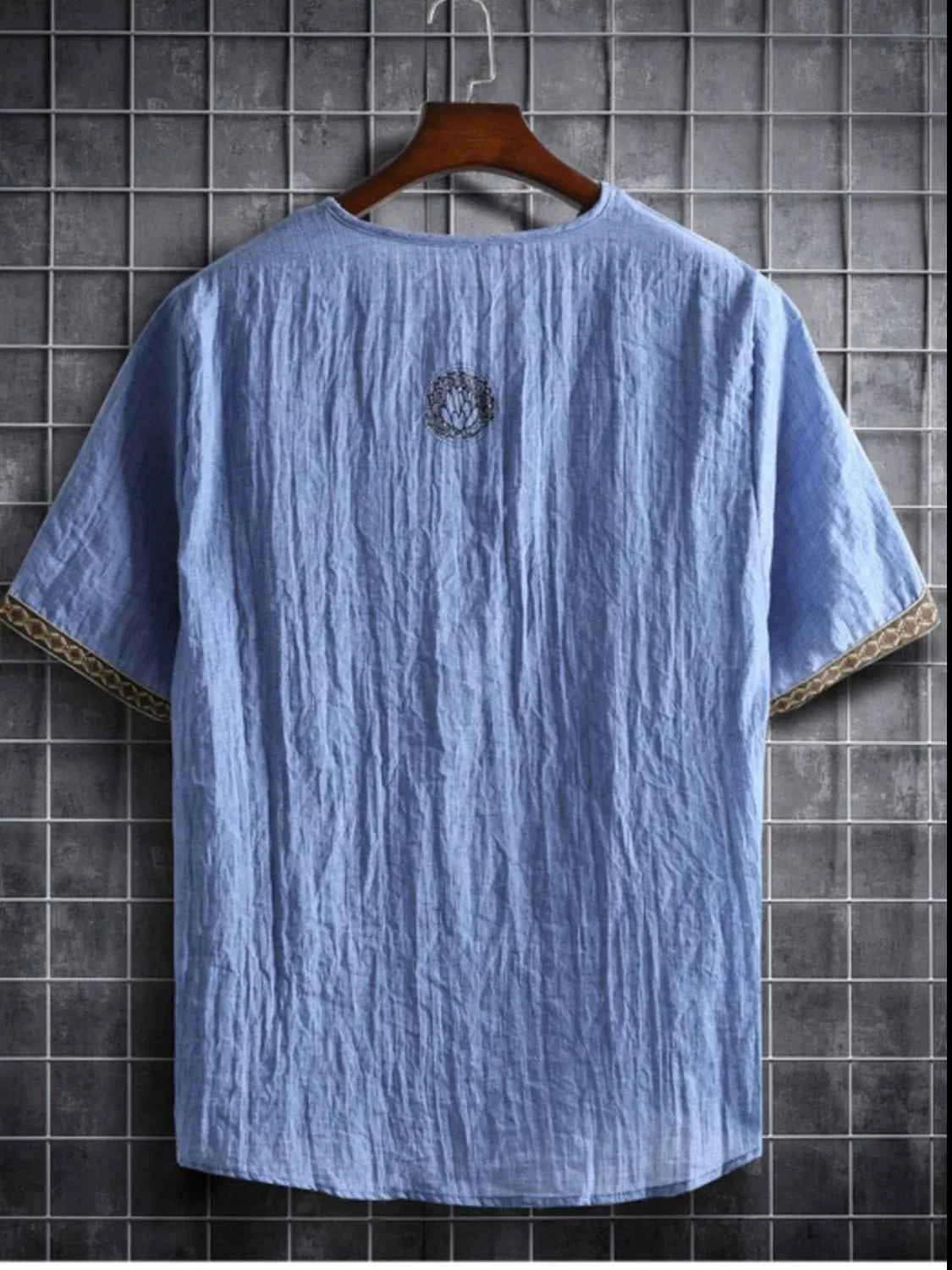 Men's Plus Size Texture Short Sleeve Top with Ethnic Trim