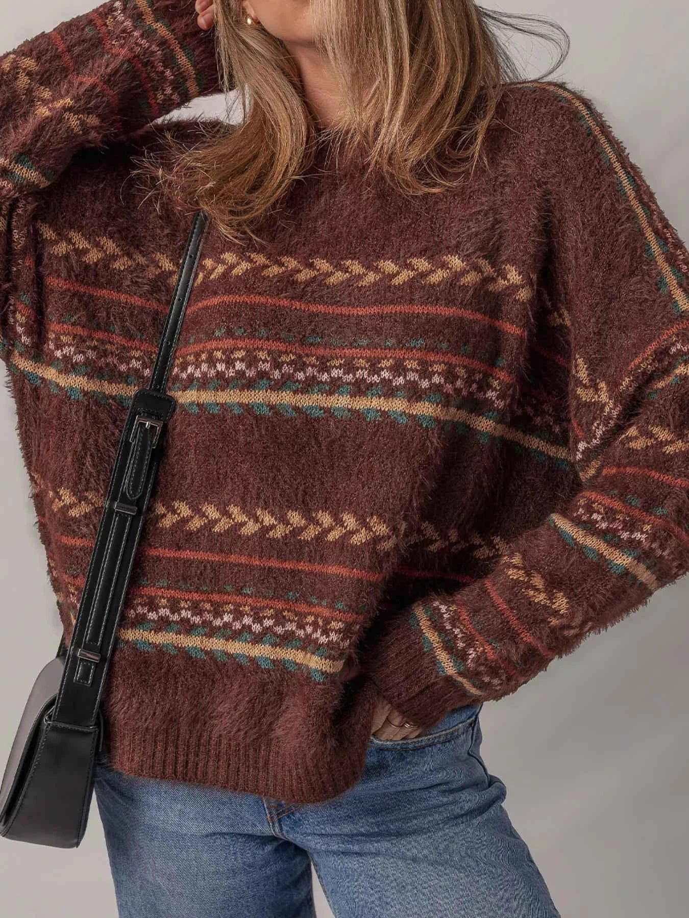 Ethnic Pattern Mohair Knitted Drop Shoulder Sweater
