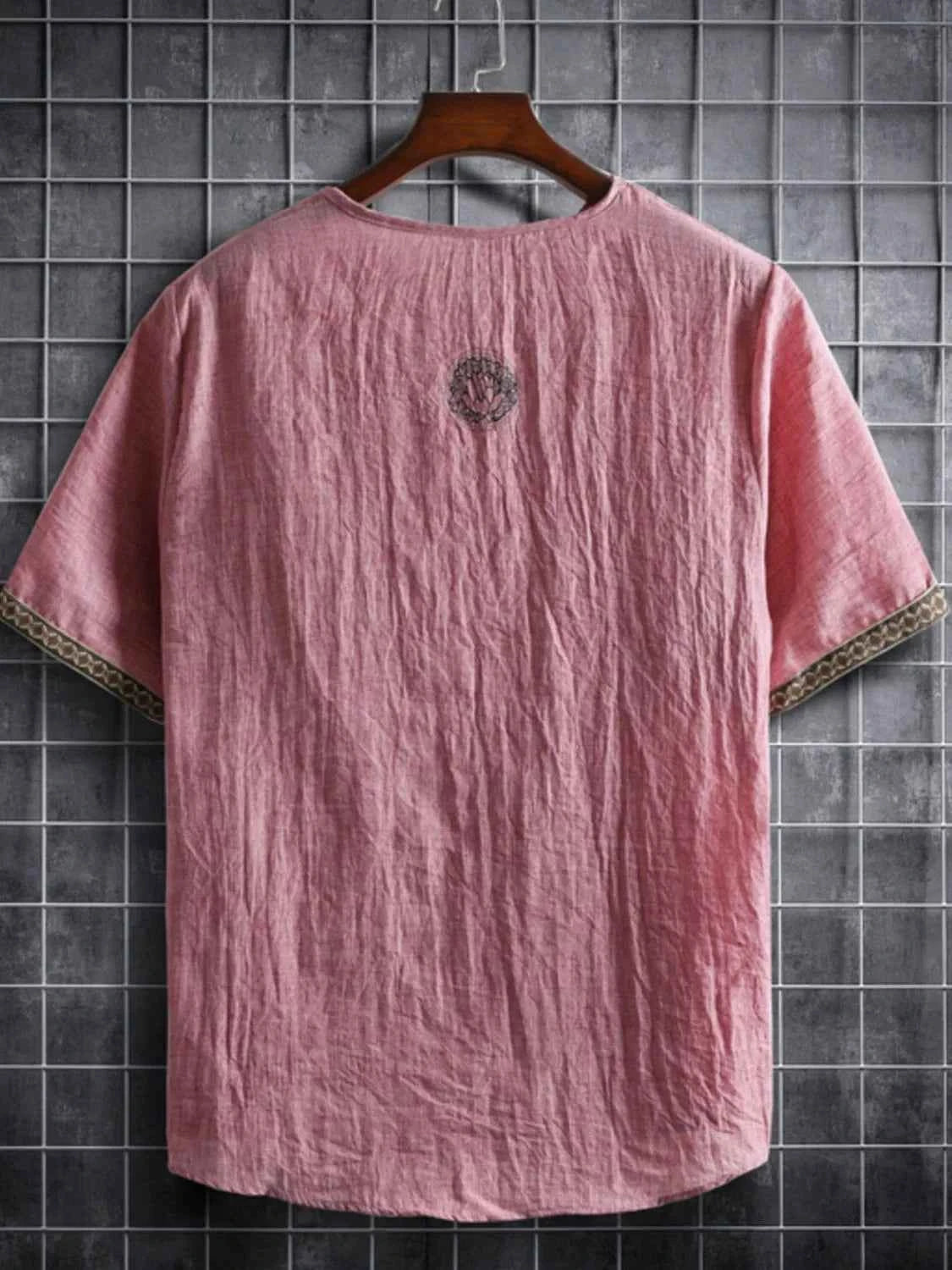 Men's Plus Size Texture Short Sleeve Top with Ethnic Trim