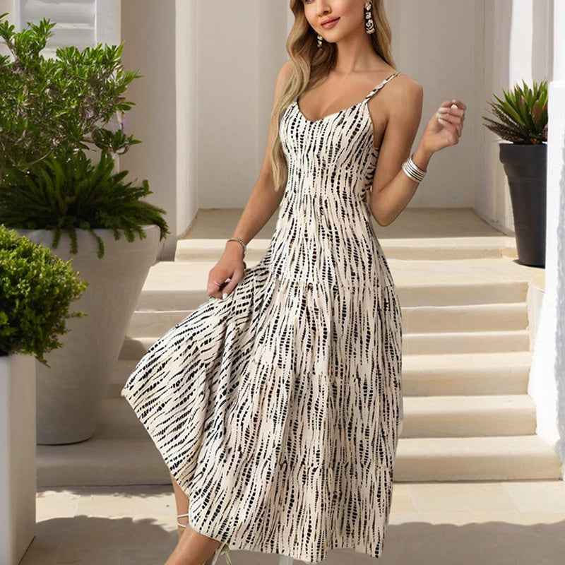 Women’s Striped V-Neck Backless Tie-Strap Maxi Dress – Sexy Elegant Summer Beach Dress