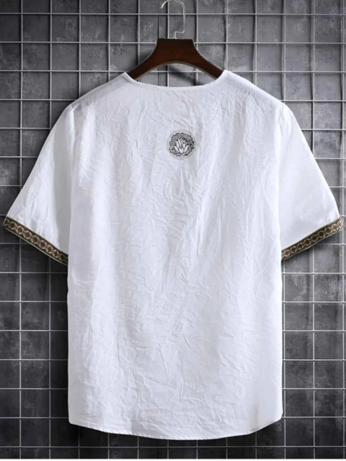 Men's Plus Size Texture Short Sleeve Top with Ethnic Trim
