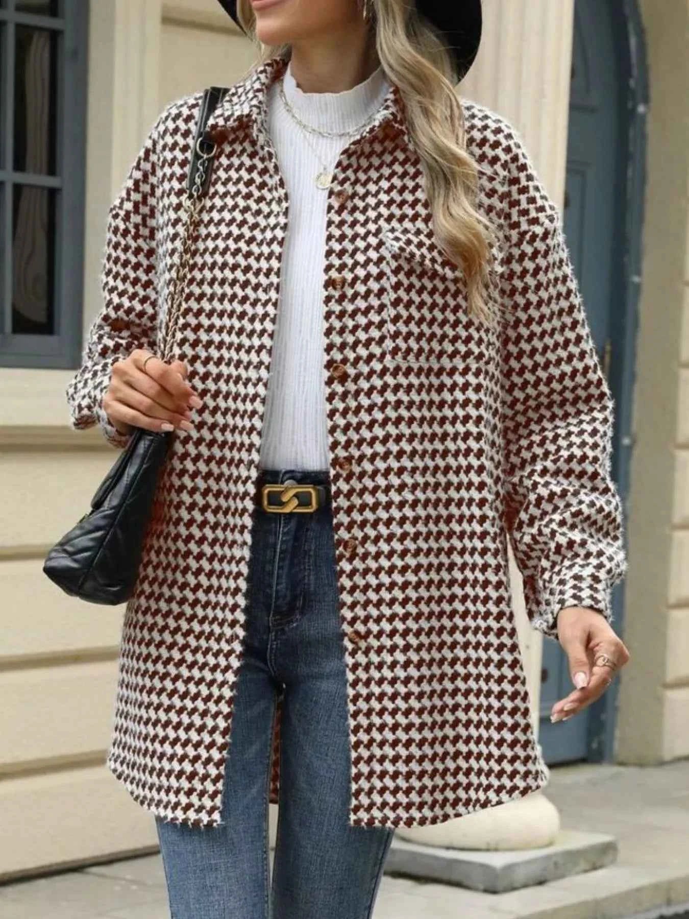 Houndstooth Button Up Long Sleeve Coat
