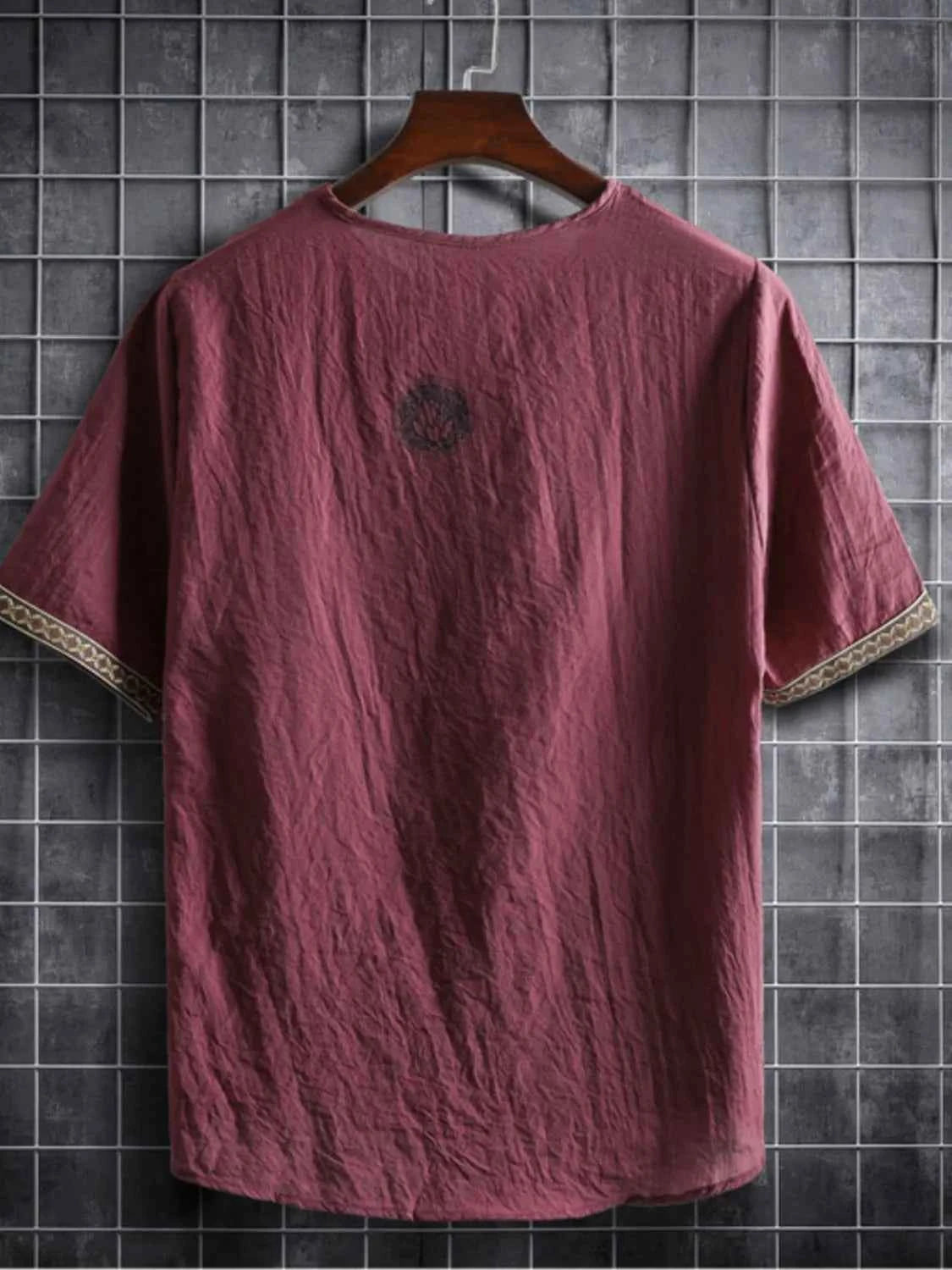 Men's Plus Size Texture Short Sleeve Top with Ethnic Trim