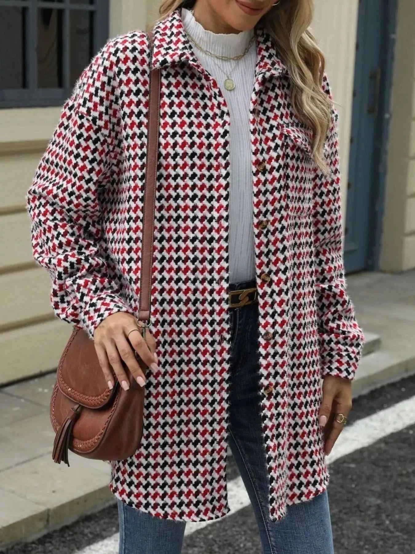 Houndstooth Button Up Long Sleeve Coat