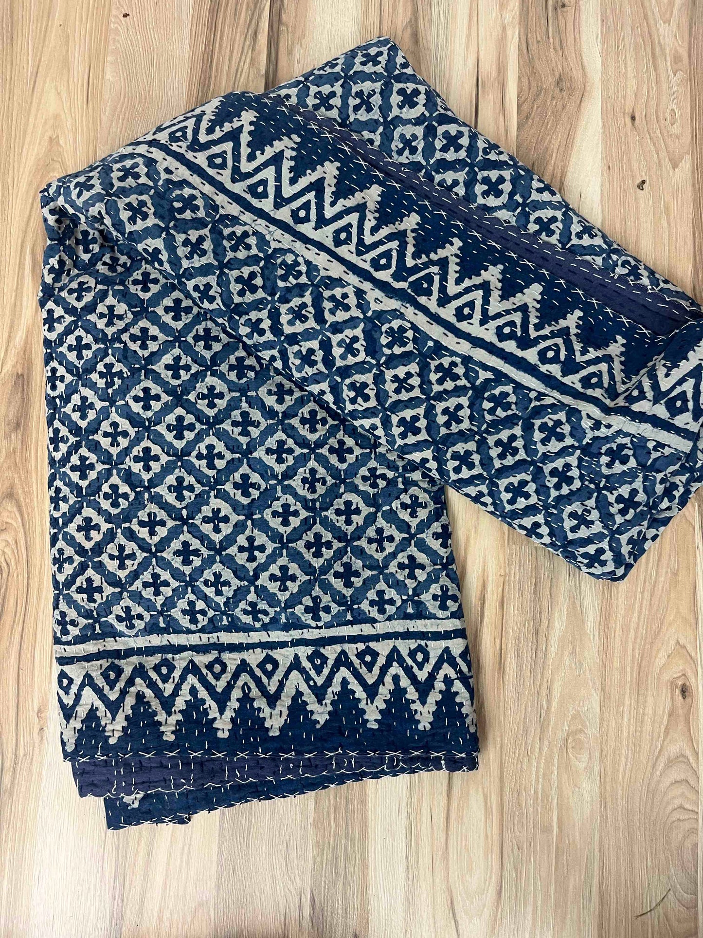 Indigo Crosses Block Print Cotton Kantha Quilt (Events) - OnlyAttire