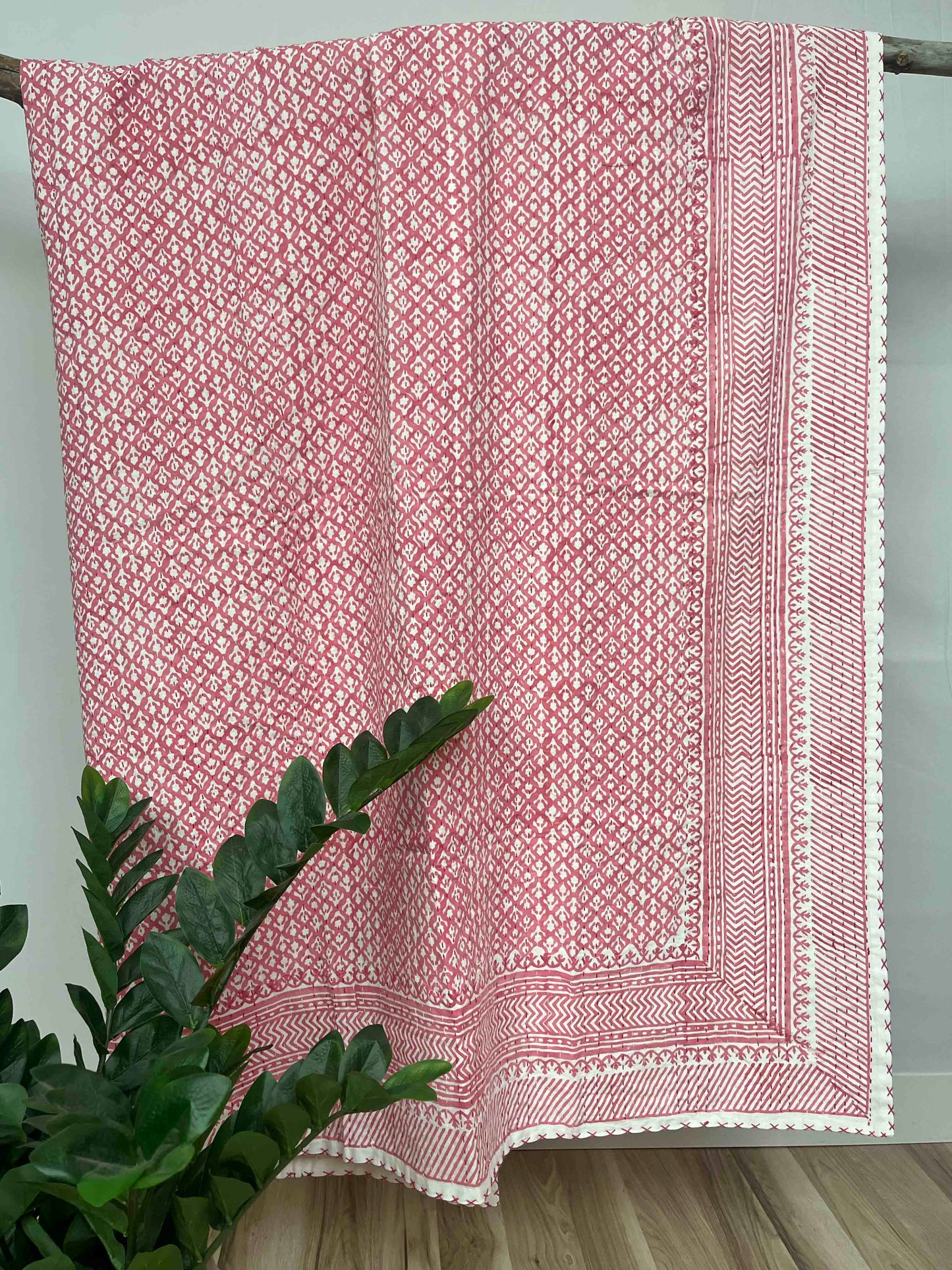 Pink Arrow Flower Block Print Cotton Kantha Quilt (Events) - OnlyAttire