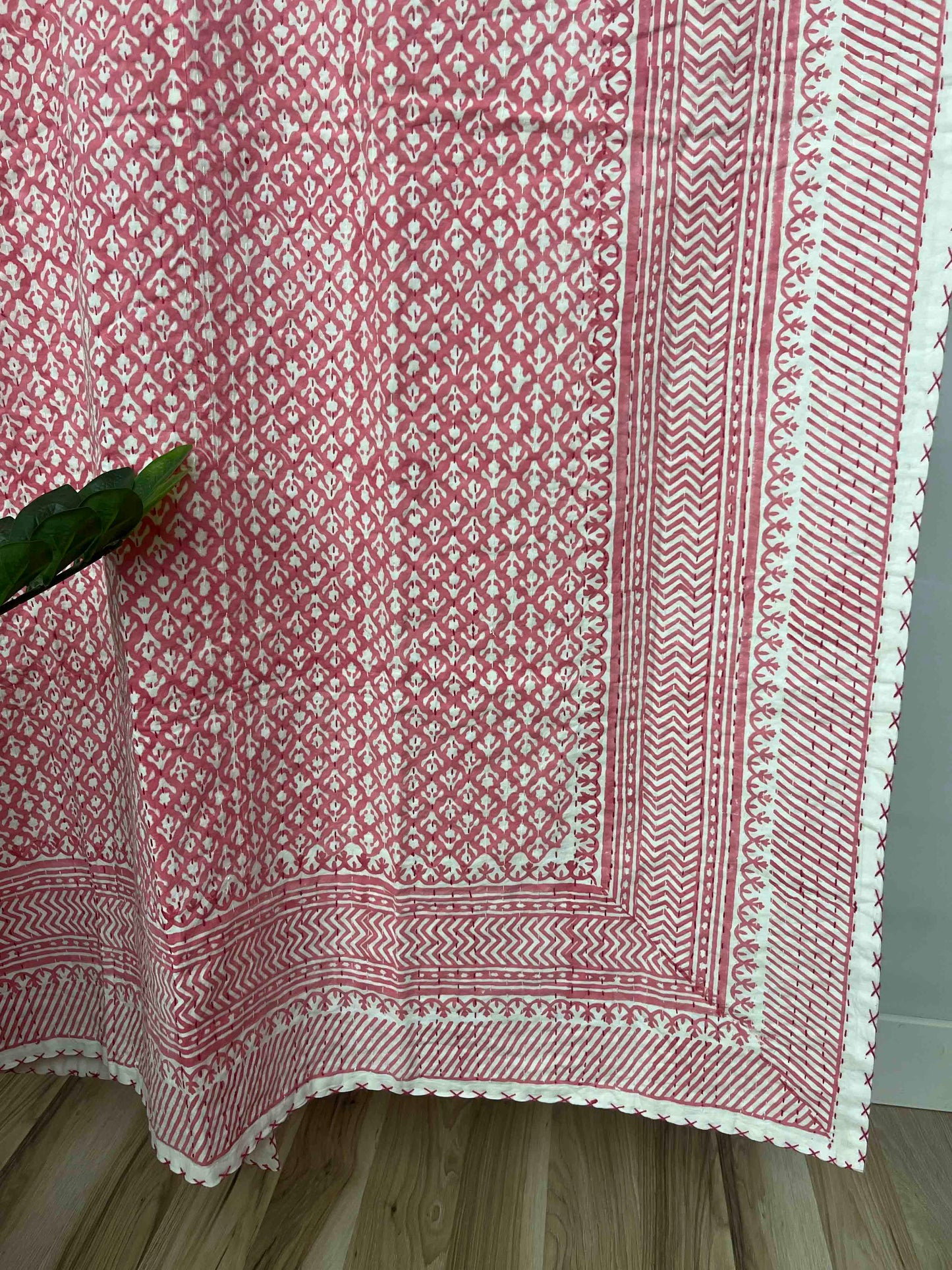 Pink Arrow Flower Block Print Cotton Kantha Quilt (Events) - OnlyAttire