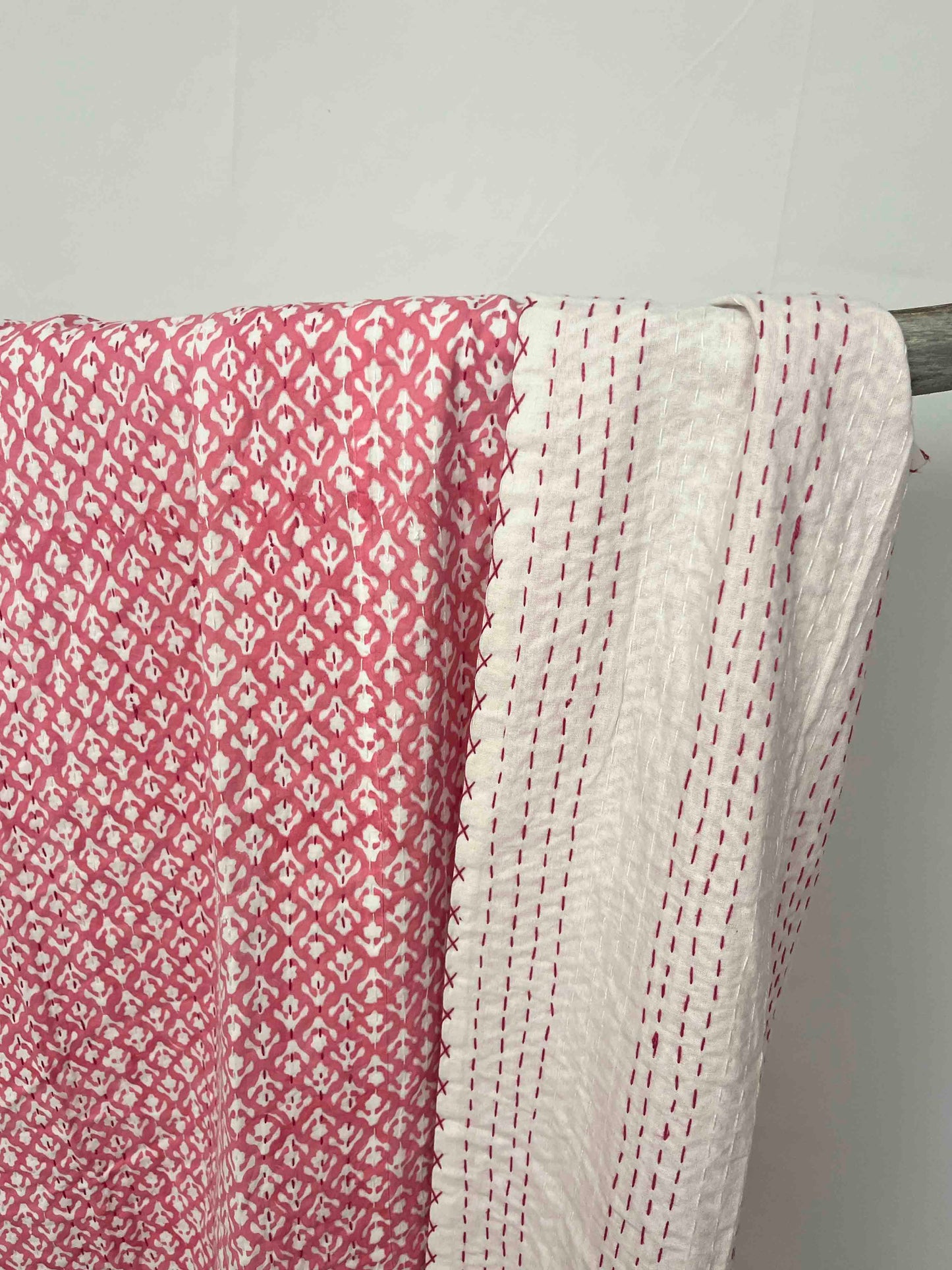 Pink Arrow Flower Block Print Cotton Kantha Quilt (Events) - OnlyAttire