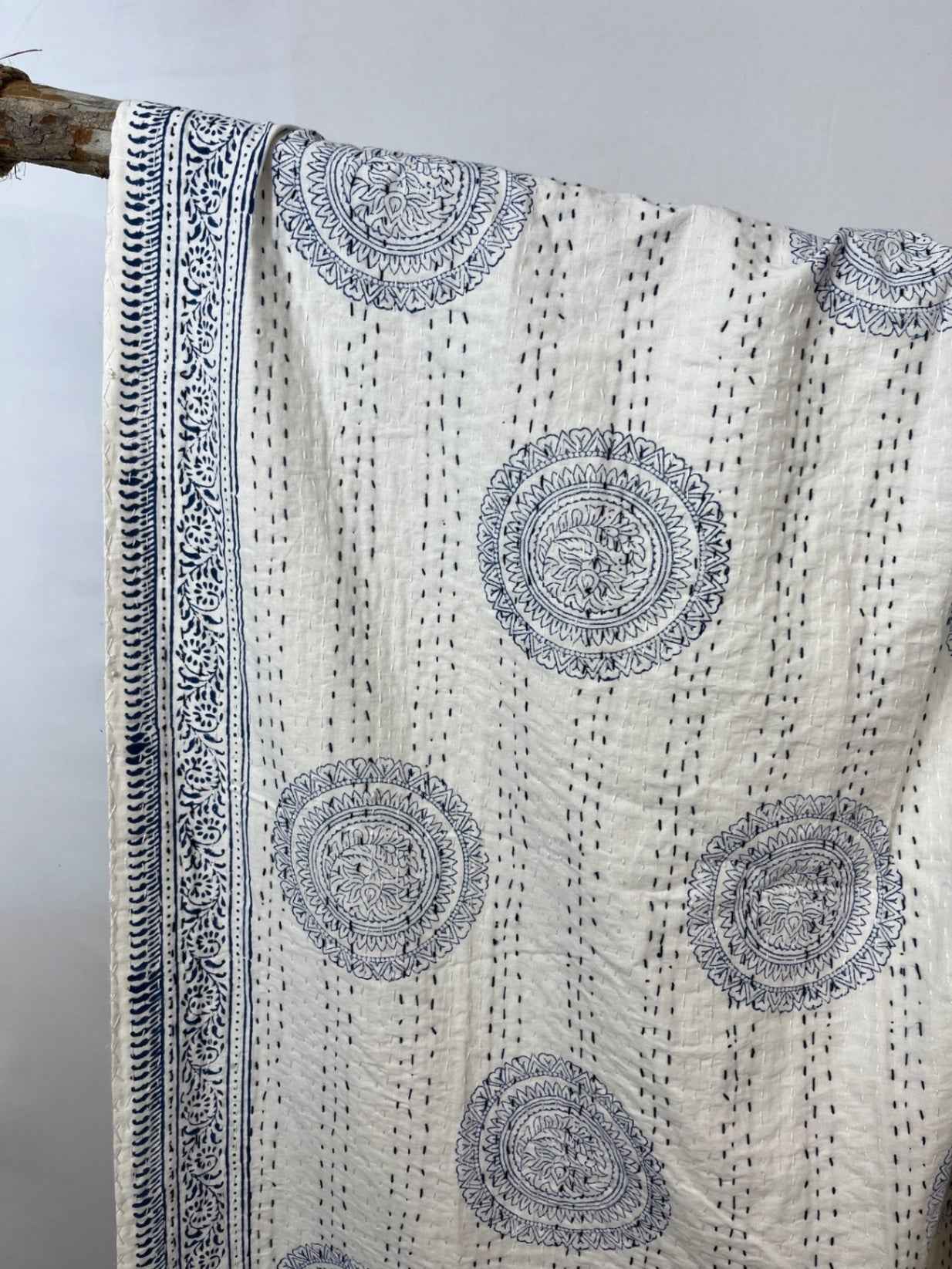 Navy Mandala Block Print Cotton Kantha Quilt