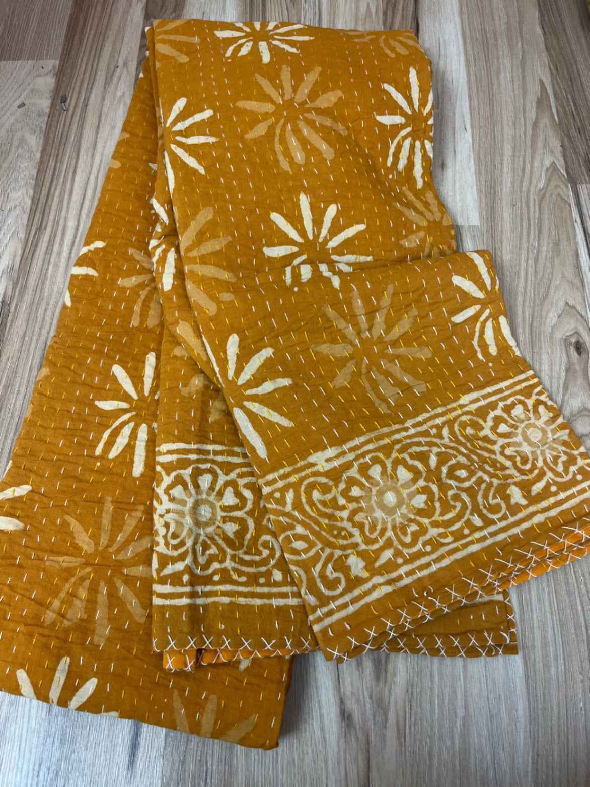 Sunburst Daisies Block Print Cotton Kantha Quilt
